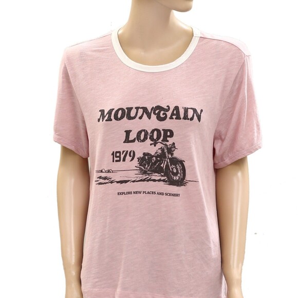 Pilcro Anthropologie Mountain Loop Ringer Tee Blouse Top Printed Pink XS 278102 - Picture 6 of 8